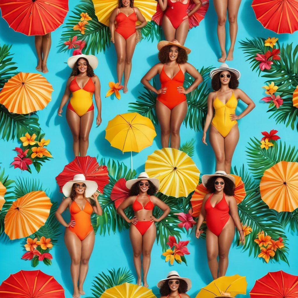 A vibrant beach scene featuring diverse individuals confidently showcasing trendy swimwear in various styles, from swimsuits to cover-ups, embodying body positivity and confidence. Include colorful beach umbrellas, sun hats, and tropical plants in the background. The sun is shining bright, creating a joyful and inviting atmosphere. super-realistic. vibrant colors. tropical theme.