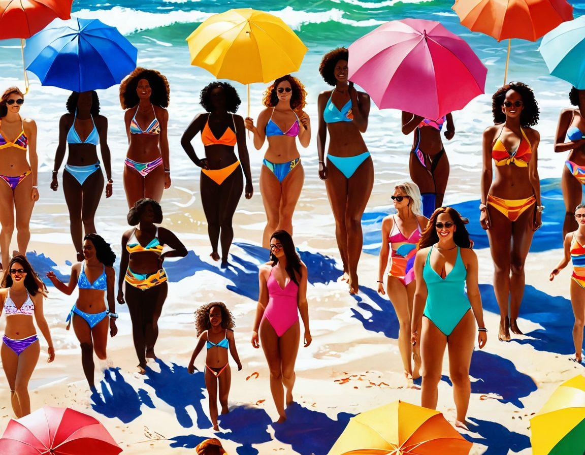 A vibrant beach scene featuring diverse individuals of all body types confidently showcasing stylish swimwear. Sunlight glistens on shimmering waves, and colorful beach umbrellas provide a lively backdrop. Include a radiant sunset to evoke a sense of positivity and inclusivity. The atmosphere should feel empowering and joyful. super-realistic. vibrant colors.